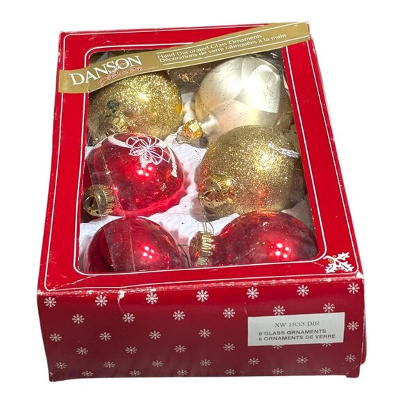 Danson Decor 6 Pc Glass Ornaments Red Gold Glitter Hand Decorated Mexico - Picture 5 of 6